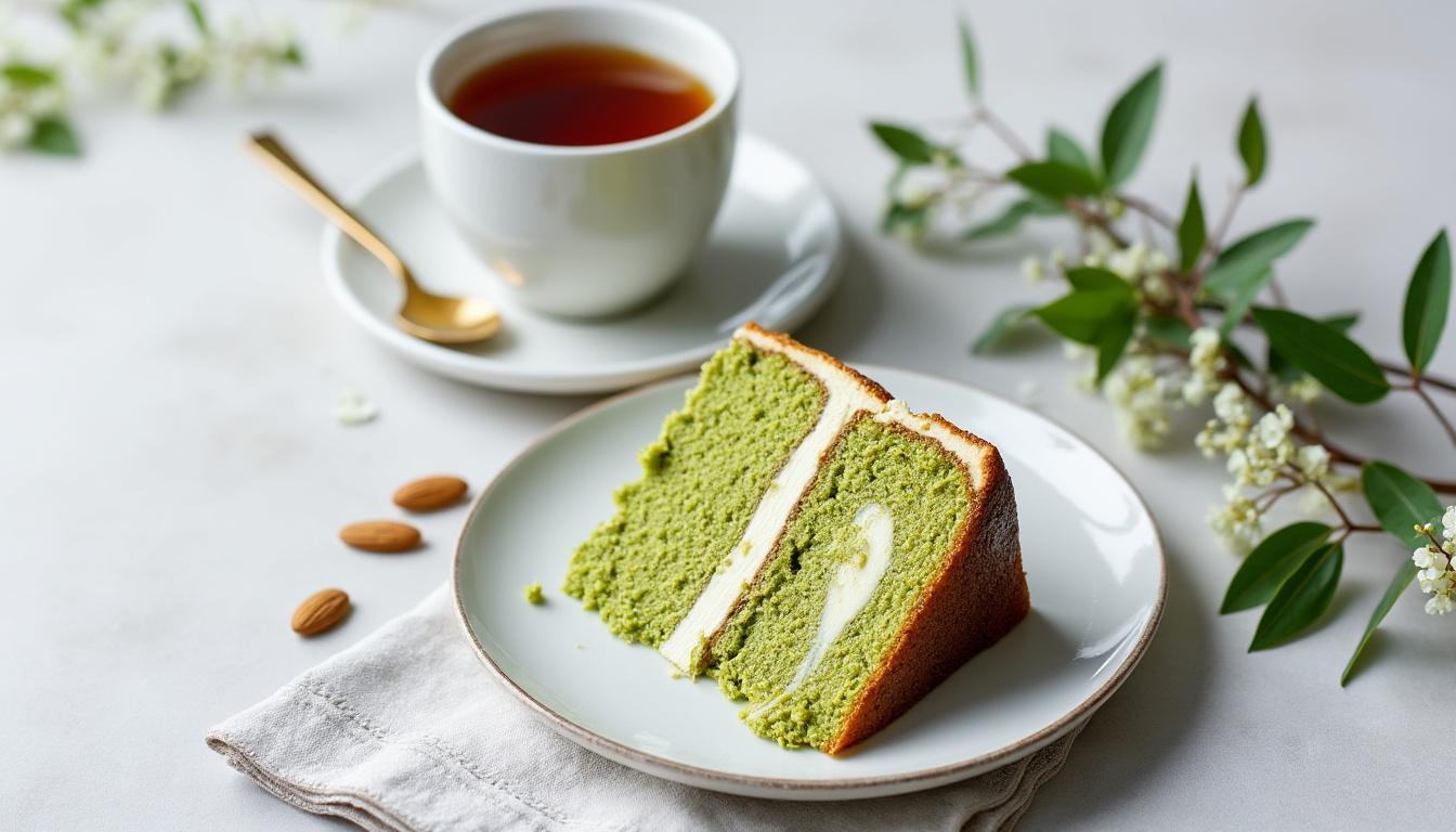 découvrez notre gâteau au thé matcha et aux amandes, une alliance parfaite entre la douceur des amandes et l'intensité du matcha. une délicieuse fusion de saveurs à explorer qui ravira vos papilles et égayera vos moments gourmands.