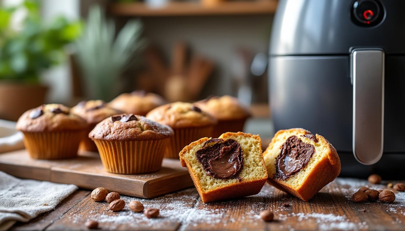 découvrez une recette rapide et facile de muffins au nutella cuits à l'air fryer, parfaits pour régaler vos invités en un rien de temps.