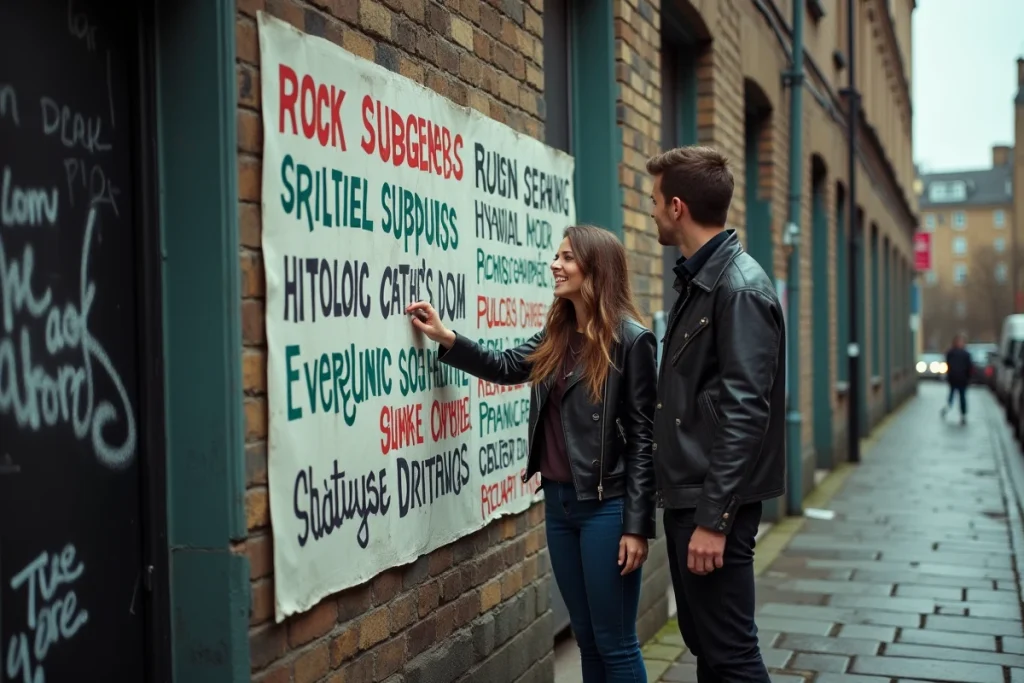 Deux amis discutant de groupes de rock anglais devant une affiche de sous-genres musicaux