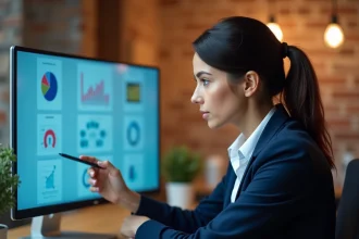 Femme analyste SEO examinant des données de référencement en ligne sur un écran de bureau dans un espace de travail moderne