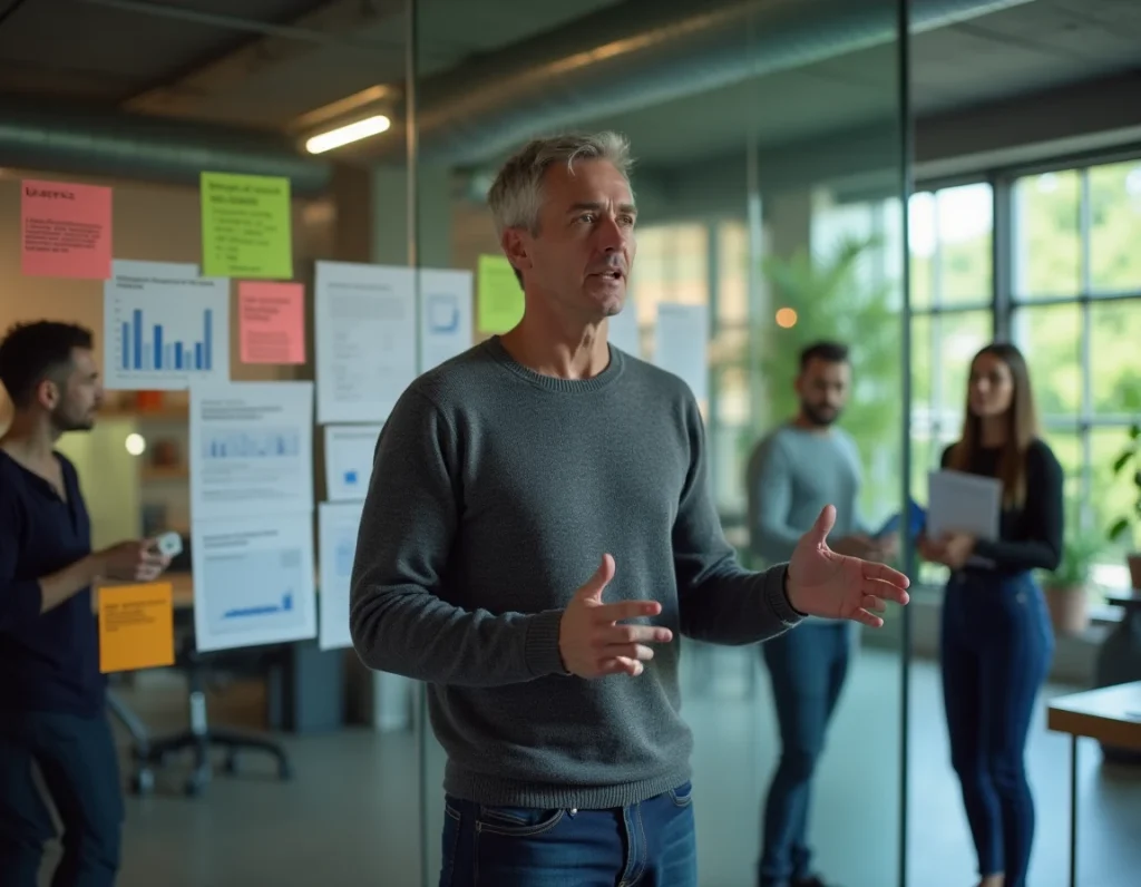 Consultant en référencement présentant une stratégie SEO Kabrax à son équipe dans une agence digitale