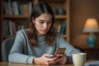 Femme jouant à 4 Images 1 Mot sur smartphone, cherchant la solution d'une énigme journalière à 9 lettres