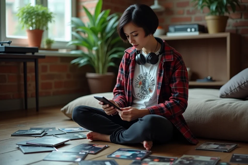Femme écoutant de la musique rock britannique entourée de CD et magazines musicaux