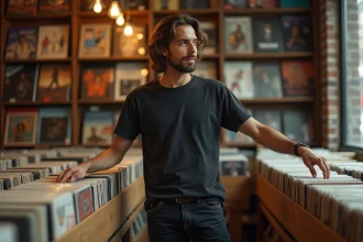 Homme dans un disquaire indépendant feuilletant des vinyles de rock anglais