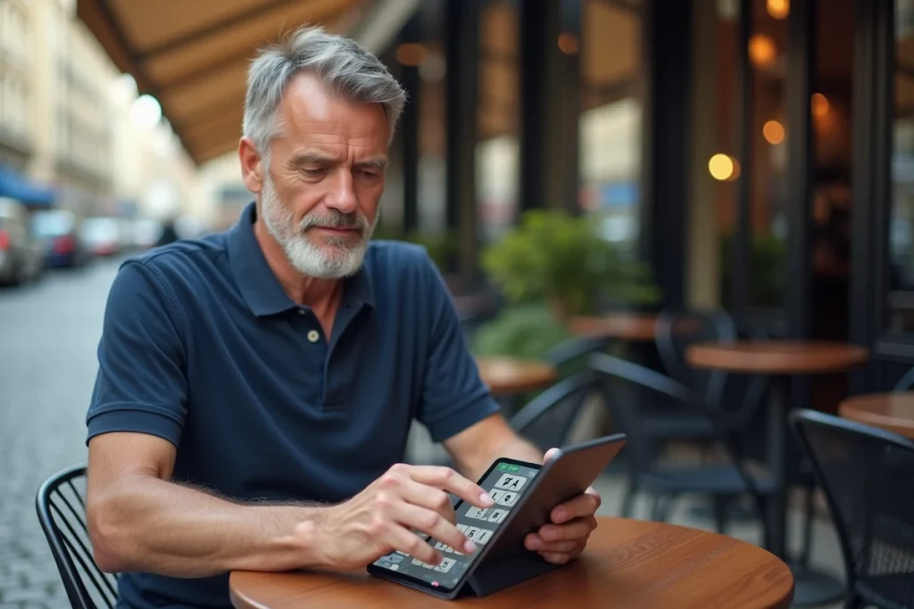 Homme résolvant une énigme 4 Images 1 Mot à 9 lettres sur tablette dans un café parisien