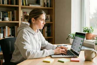 Jeune femme concentrée qui accumule rapidement des points de fidélité sur son ordinateur portable depuis son bureau à domicile