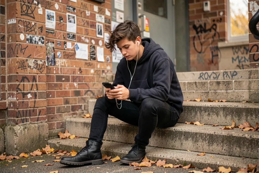 Adolescent emo assis sur des marches d'école tapant sur son téléphone avec des écouteurs, illustrant l'expression de soi et la culture emo sur les réseaux sociaux