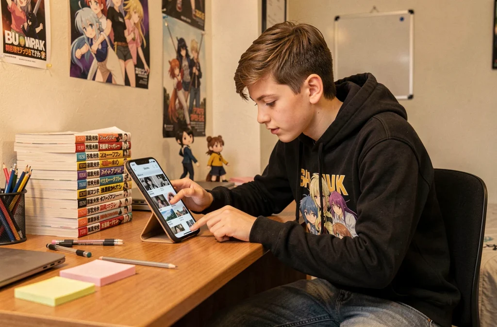 Adolescent lisant le scan de One Piece sur smartphone posé contre des volumes de manga sur un bureau étudiant encombré, dans une chambre décorée d'affiches anime