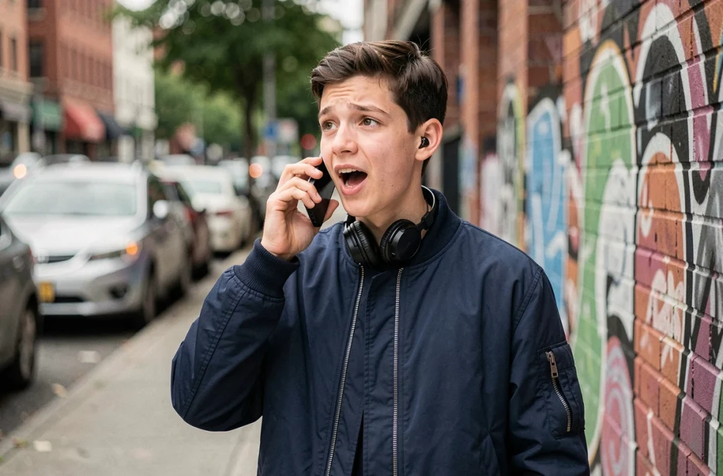 Adolescent appelant un standard de radio depuis la rue, expression mêlant excitation et hésitation
