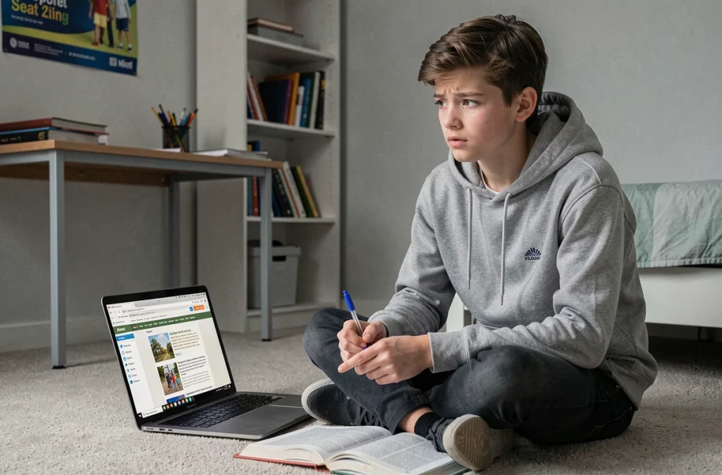 Adolescent prenant des notes en comparant une encyclopédie collaborative en ligne avec un manuel scolaire dans sa chambre