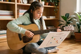Jeune adolescente apprenant l'accord D7 sur guitare acoustique avec une fiche d'accord colorée sur le sol de sa chambre
