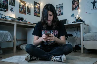 Adolescente emo scrollant sur son téléphone dans sa chambre décorée de posters, exprimant une humeur mélancolique et introspective typique de la culture emo sur les réseaux sociaux