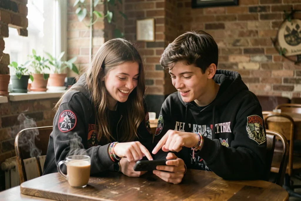 Deux adolescents emo partageant du contenu sur un téléphone dans un café, montrant la dimension sociale et communautaire de la culture emo sur les réseaux sociaux