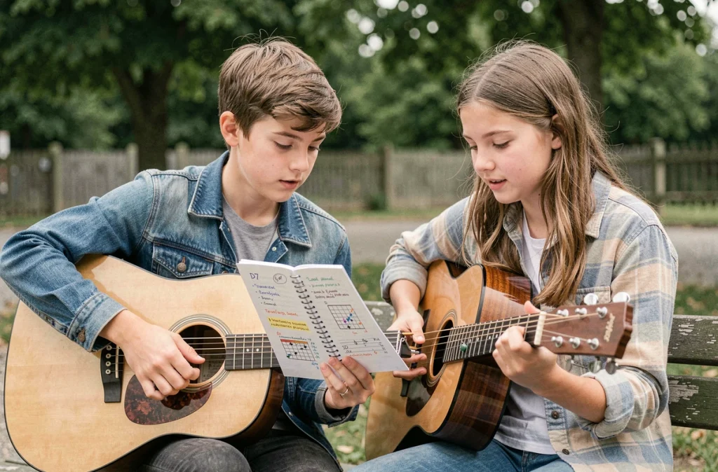 Deux adolescents étudiant ensemble une tablature de l'accord D7 sur un cahier de guitare dans un parc