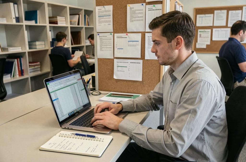 Agent territorial consultant une grille indiciaire sur ordinateur portable dans un open space municipal