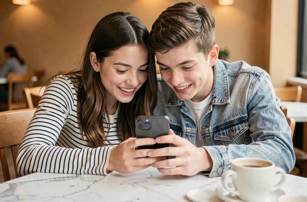 Deux amis adolescents écoutant et appelant un standard radio ensemble autour d'un smartphone dans un café