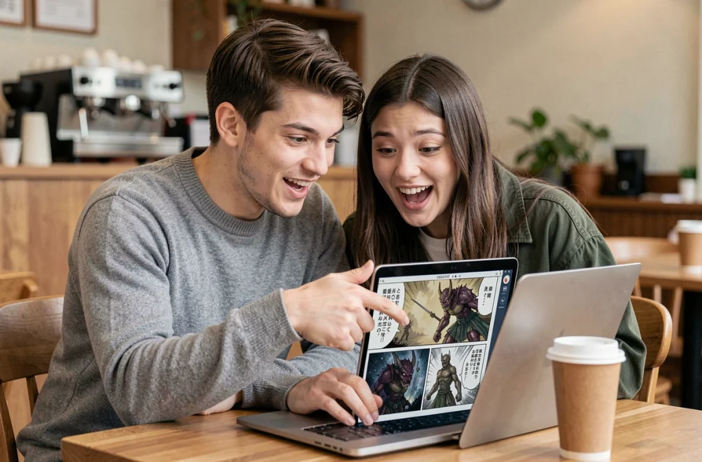 Deux amis discutant de chapitres de manga en scan sur un ordinateur portable dans un café chaleureux