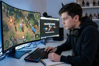 Joueur de League of Legends analysant un replay en solo queue sur son écran d'ordinateur avec des notes manuscrites