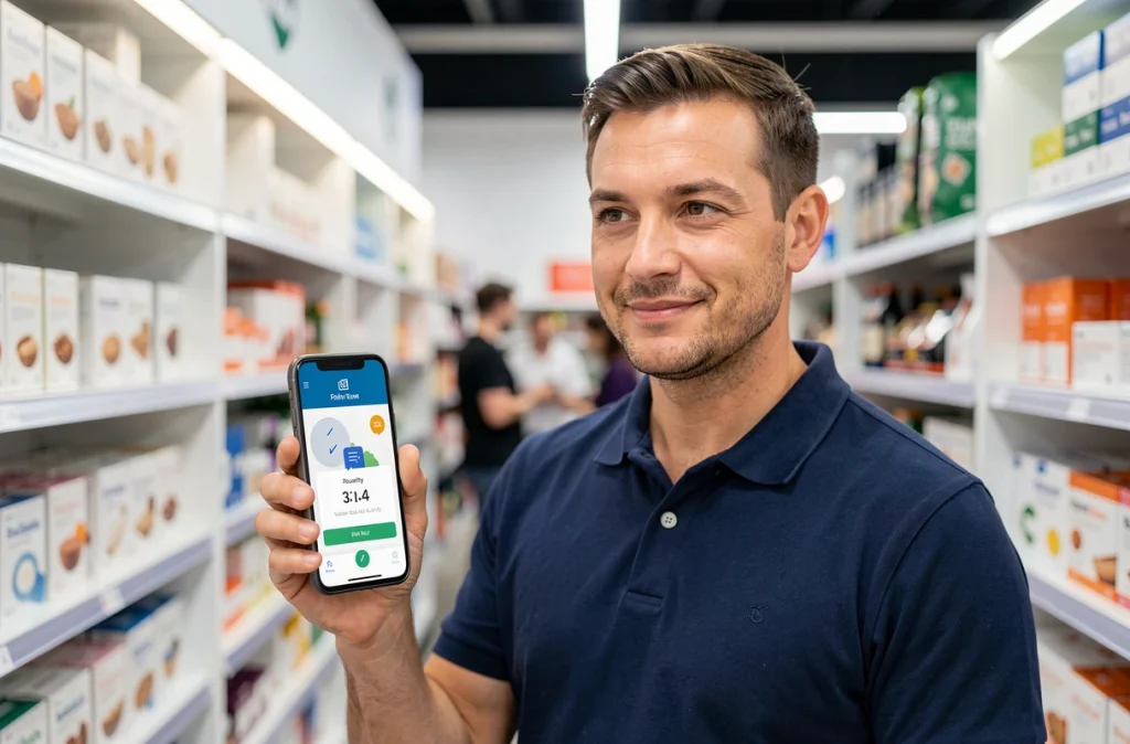Homme consultant son application de points de fidélité sur smartphone dans un magasin pour maximiser ses récompenses