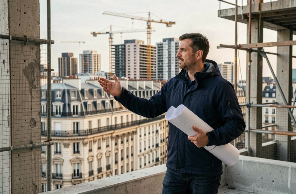 Architecte sur un chantier de construction en toiture contemplant le panorama urbain avec des plans architecturaux, entre patrimoine haussmannien et logements modernes
