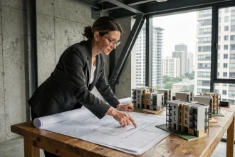 Architecte femme examinant des plans d'urbanisme et maquettes de logements modulaires dans un studio au design industriel avec vue sur la ville