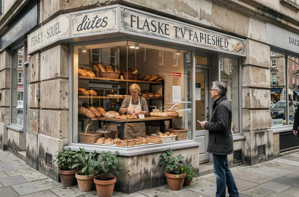 Devanture d'une boulangerie artisanale de quartier avec une boulangère arrangeant des pains frais en vitrine