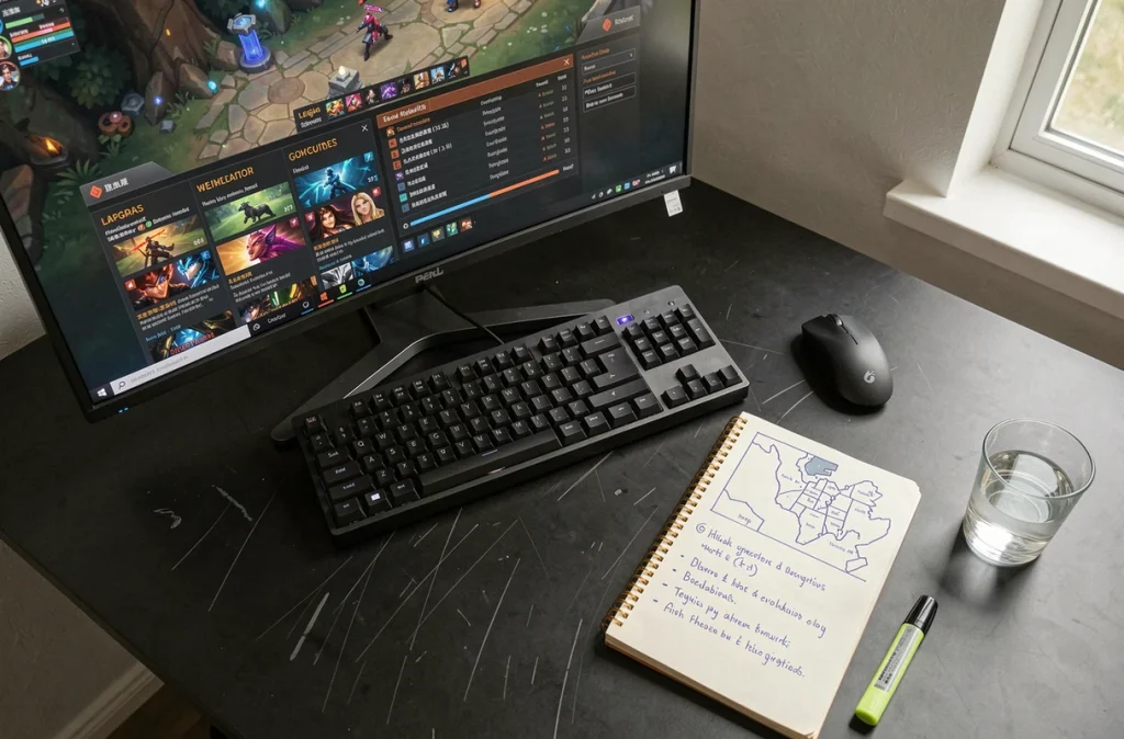 Bureau d'un joueur de LoL avec un replay en pause, un carnet de notes et un clavier mécanique pour analyser ses défauts en solo queue