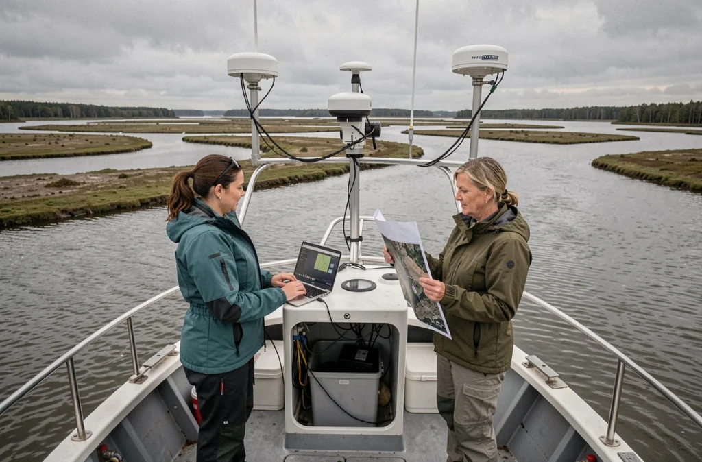 Équipe de cartographes sur un bateau de recherche mesurant les bras d'un delta fluvial avec GPS et sonar