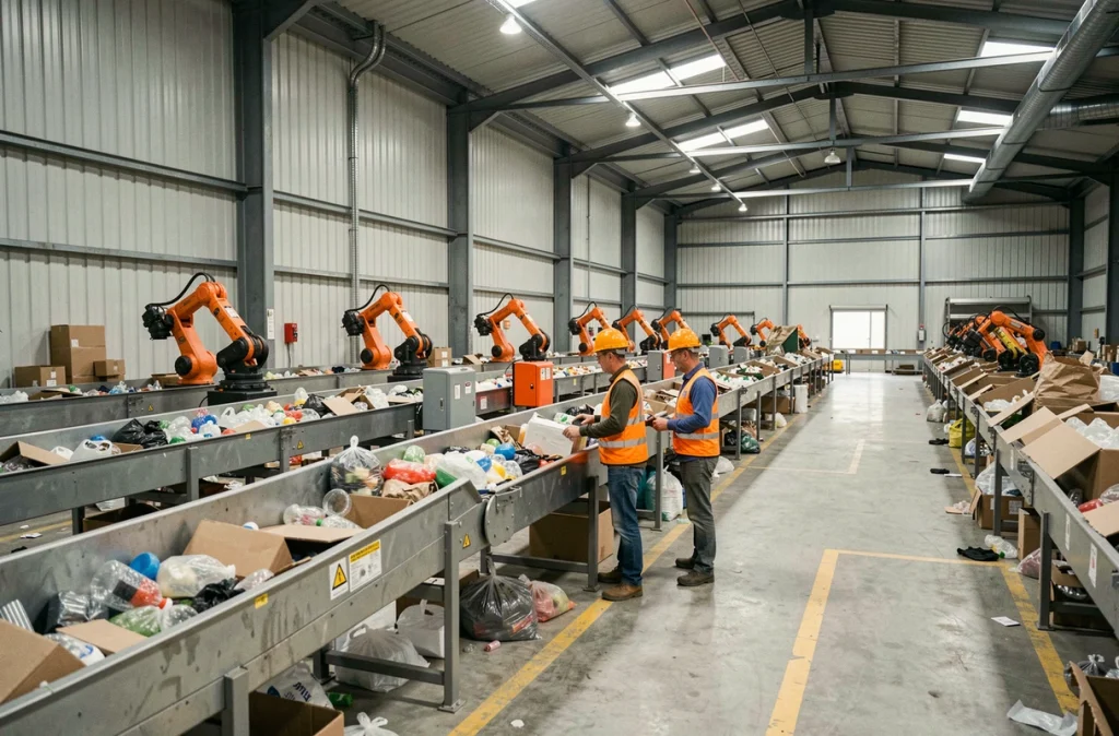 Vue grand angle d'un centre de tri de recyclage français avec convoyeurs automatisés et travailleurs en gilets haute visibilité