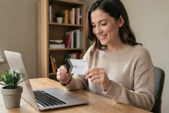 Femme utilisant un chèque cadeau Infini en ligne sur son ordinateur portable depuis son bureau à domicile