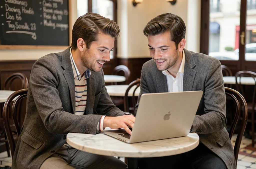 Deux collègues dans un café parisien consultant un ordinateur portable pour apprendre les règles d'orthographe et de conjugaison françaises