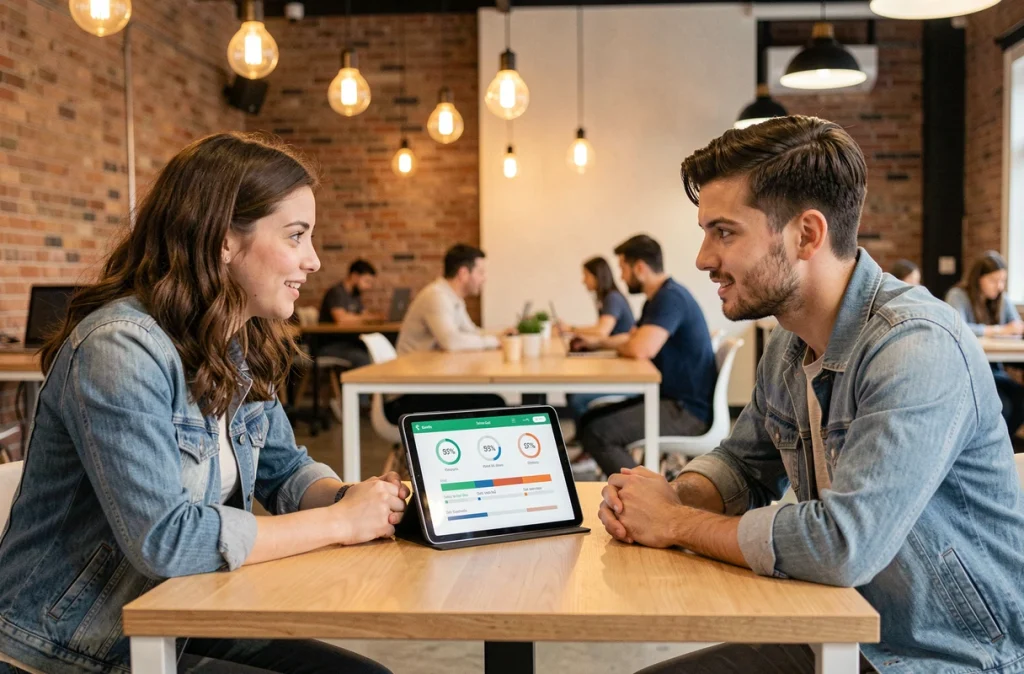 Deux jeunes collègues discutant d'un objectif d'épargne automatique sur une tablette dans un espace de coworking