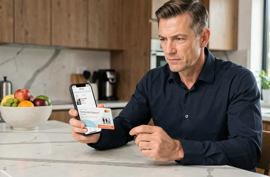 Homme comparant l'utilisation d'un chèque cadeau Infini en ligne et en magasin avec une carte physique et un smartphone