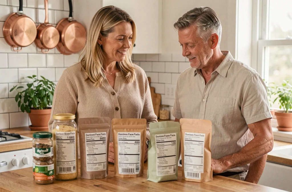 Couple lisant les étiquettes de produits alimentaires biologiques dans leur cuisine à domicile