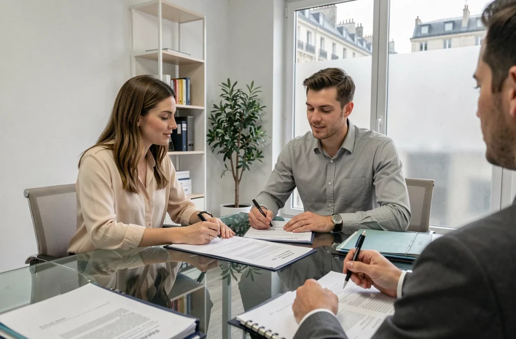 Couple signant un compromis de vente immobilière chez le notaire dans un bureau moderne avec vue sur la ville