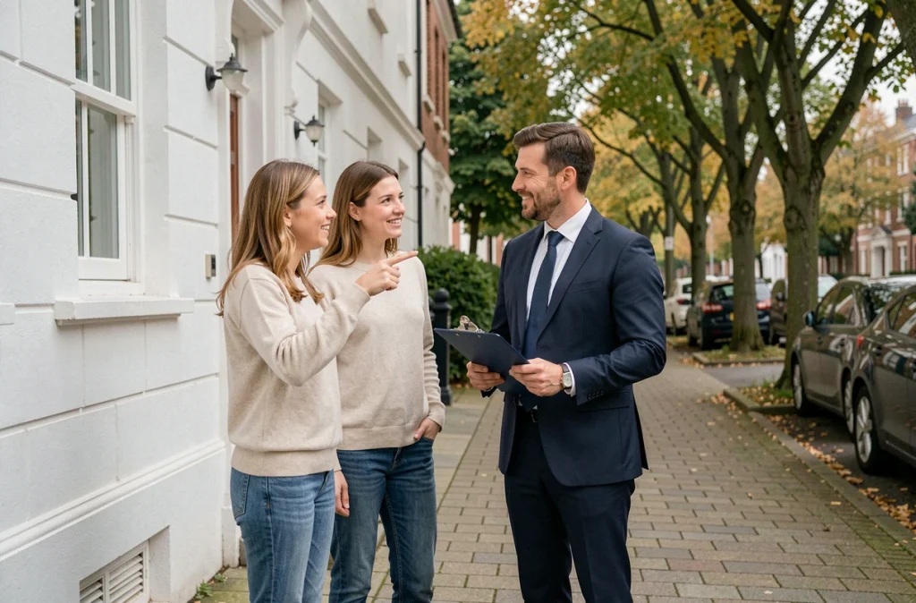 Couple visitant un immeuble résidentiel avec un agent immobilier lors d'une première visite d'acquisition