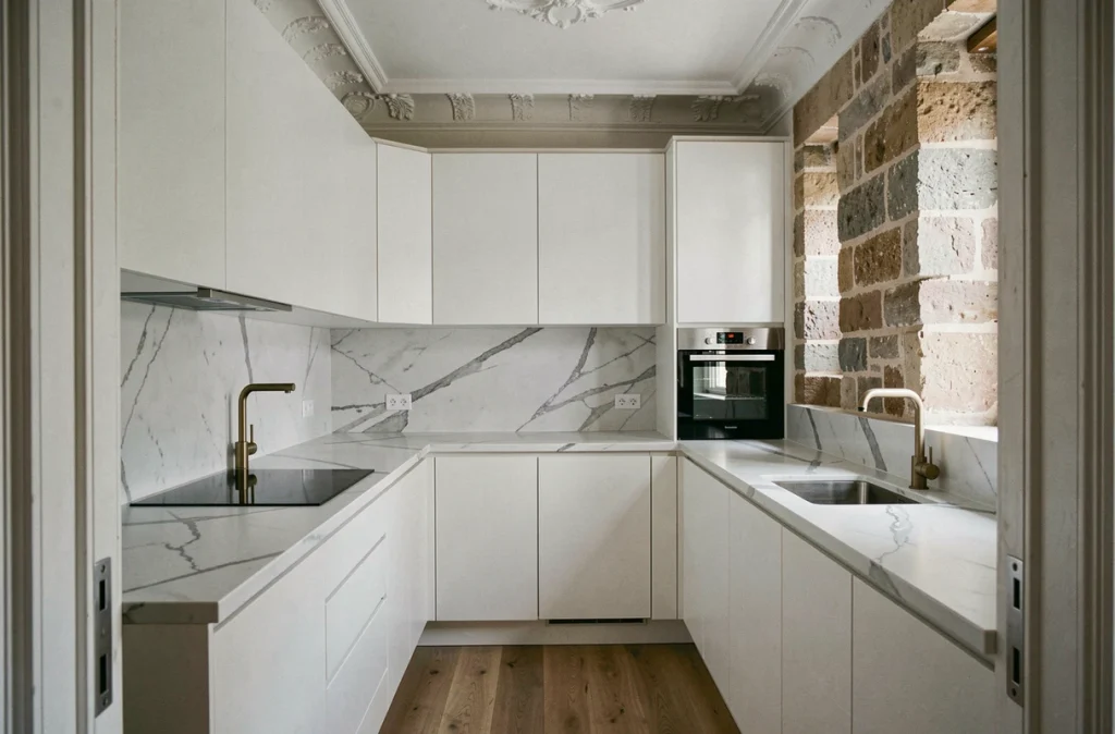 Cuisine rénovée dans un appartement haussmannien alliant armoires modernes blanches et mur en pierre apparente pour valoriser la revente