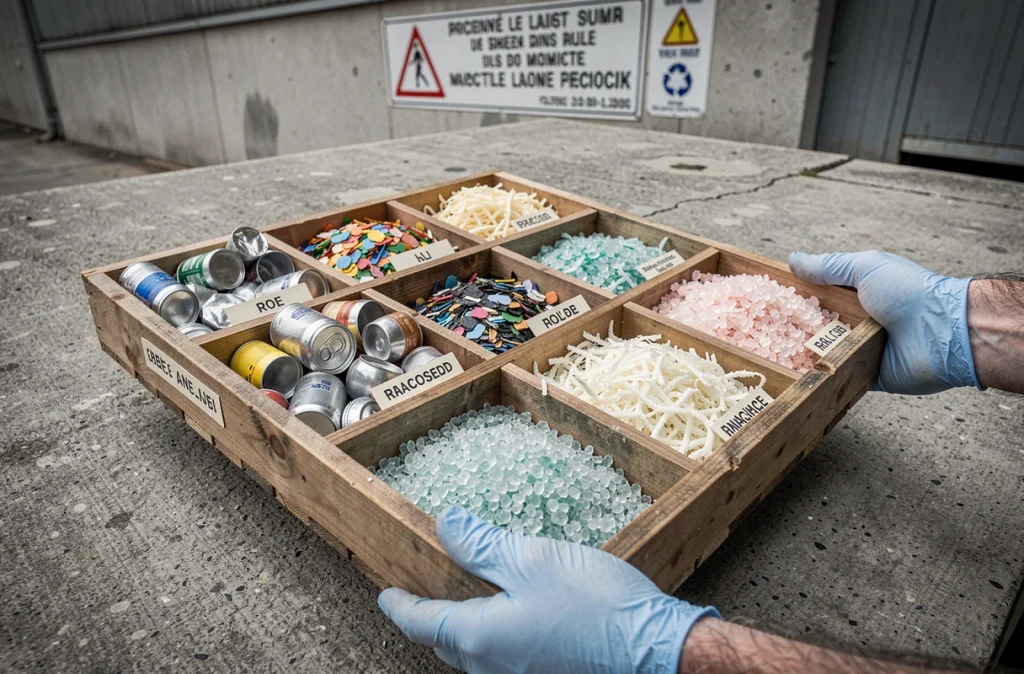 Échantillons de matériaux recyclés triés et étiquetés dans des plateaux en bois, détenus par un technicien en gants bleus dans une cour industrielle française