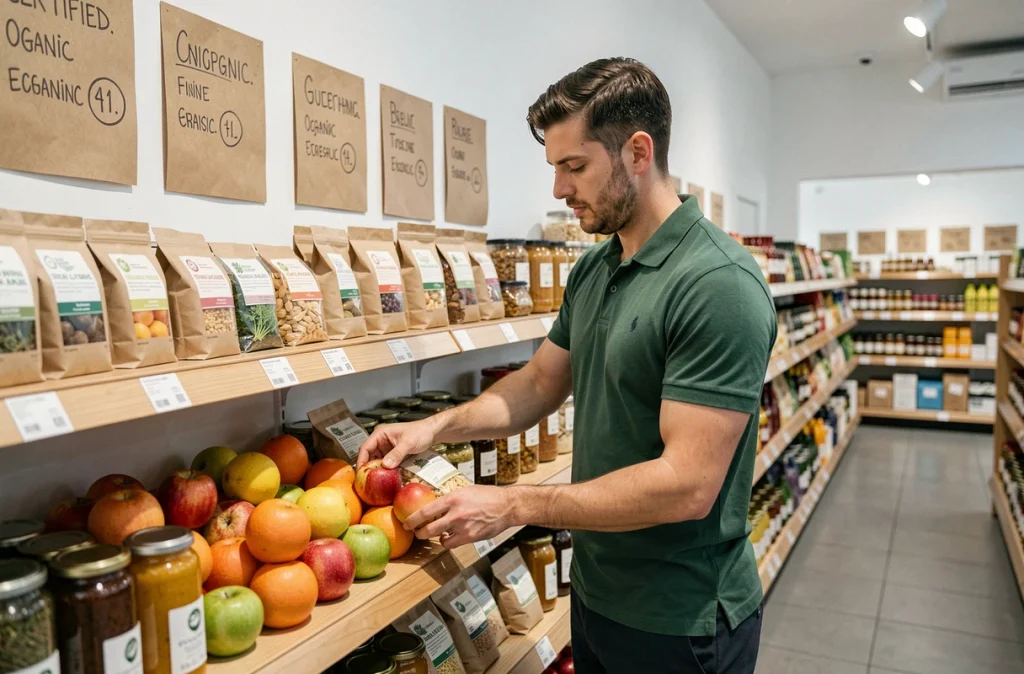 Employé de magasin bio réorganisant des produits certifiés biologiques dans une épicerie moderne