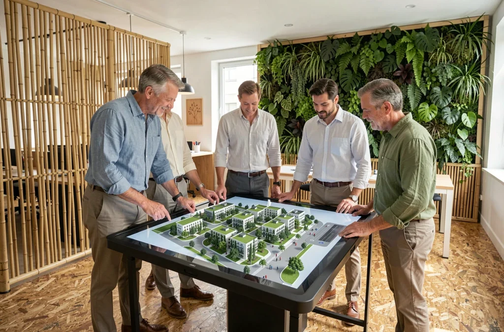 Équipe d'architectes collaborant autour d'une maquette numérique 3D d'un éco-quartier urbain durable avec jardins verticaux et toits végétalisés