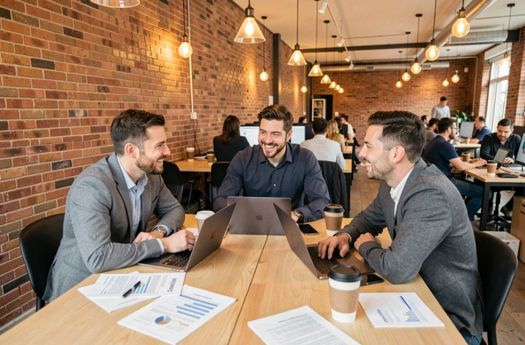 Équipe de professionnels en mode hybride collaborant dans un espace de coworking moderne