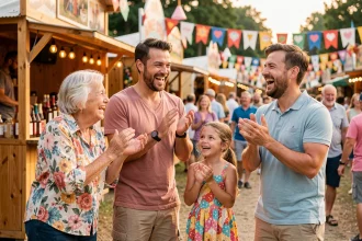 Famille multigénérationnelle souriant et applaudissant lors d'un festival culturel en plein air en été