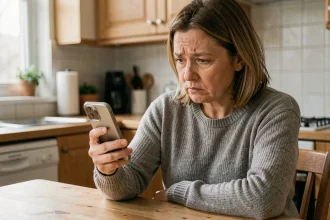 Femme tenant son téléphone et regardant un appel entrant avec indicatif 05 inconnu