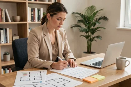 Femme examinant des documents immobiliers à son bureau pour préparer sa première acquisition