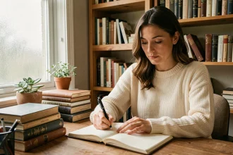 Femme écrivant dans un carnet sur un bureau en bois, illustrant la correction grammaticale et le bon usage du conditionnel en français