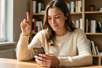Jeune femme tenant un smartphone et croisant les doigts, symbole de l'emoji populaire sur les réseaux sociaux