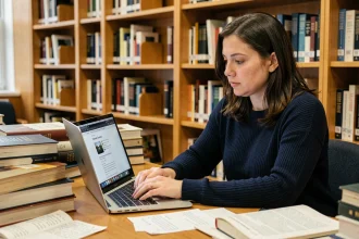 Femme consultant une encyclopédie collaborative en ligne sur un ordinateur portable dans une bibliothèque universitaire entourée de livres académiques