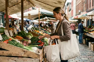 Femme faisant ses courses dans un marché de proximité urbain, tenant un sac en tissu réutilisable rempli de légumes frais