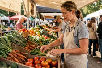 Femme choisissant des légumes biologiques frais sur un marché de producteurs en plein air