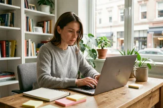 Femme en télétravail assise à son bureau à domicile avec un ordinateur portable dans un appartement moderne
